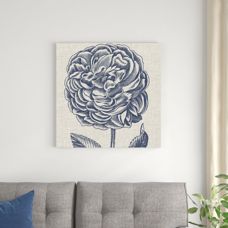 Indigo floral sur lin V, H 30 po x l 30 po x P 1,25 po