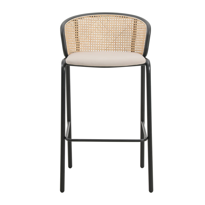 Daishun Modern Wicker Bar Stool with Fabric Seat and Powder Coated Steel Frame, Beige
