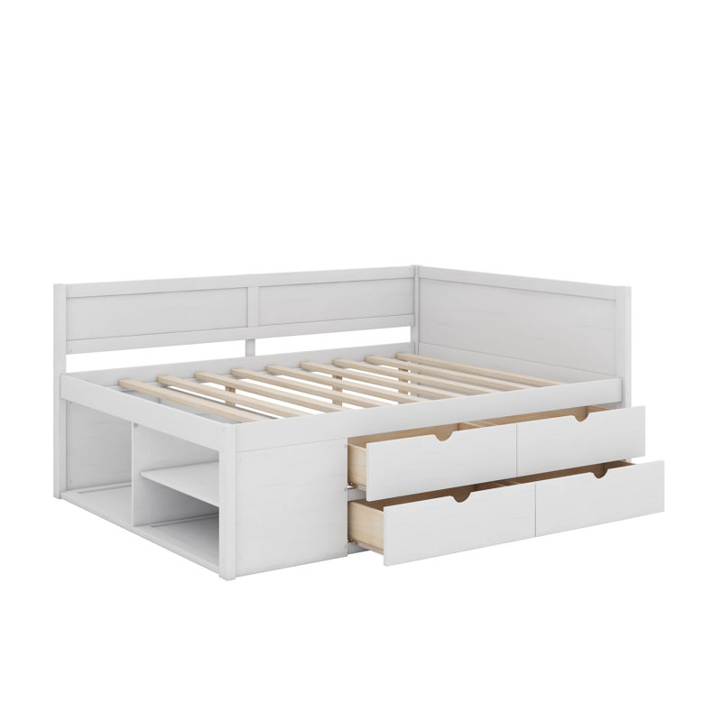 Lit de jour double avec tiroirs et tablettes, Double, Blanc