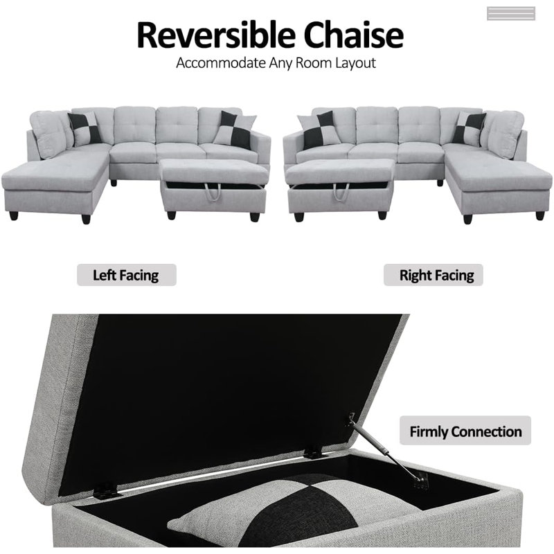 Canapé modulaire en forme de L de 103 po avec repose-pieds de rangement, Orienté à droite, Flanelle blanc cassé