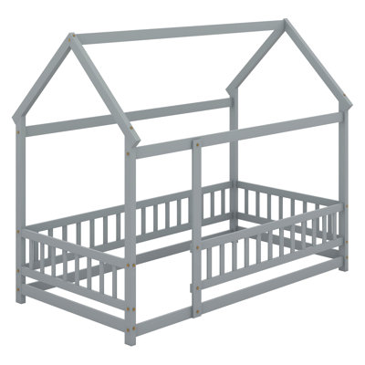 Floor Bed Frame With Roof, Wooden Montessori Bed With Fence, House Bed For Bedroom