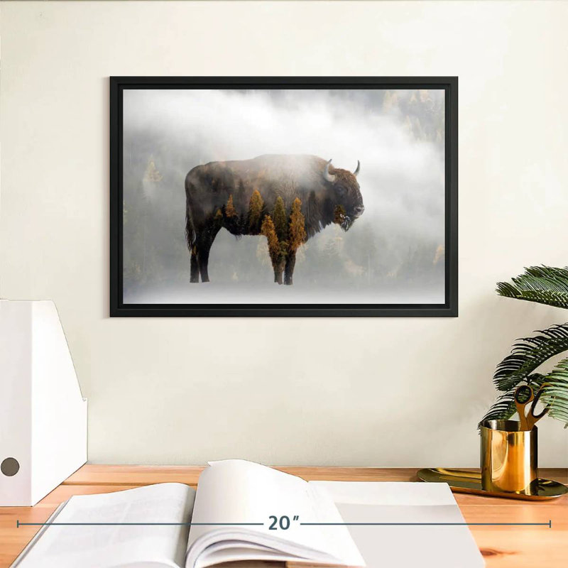 Bison de la forêt de pins, Cadre flottant noir, 13 po x 9 po