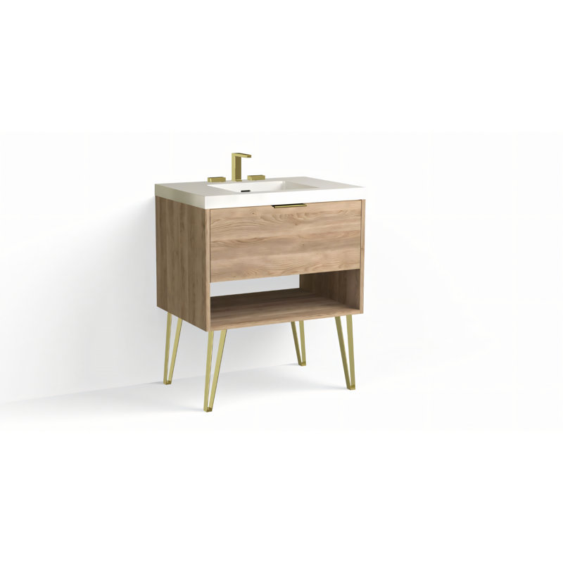 Modo 30" W Freestanding Single Bathroom Vanity with Dawson Leg, Gloss White/8" Widespread, Nocino, Satin Brass