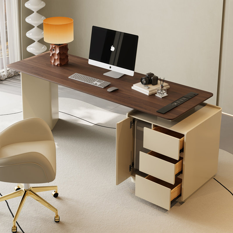 Bureau rectangulaire en bois manufacturé brun noisette + beige, Orienté à droite, H 29,53 po x l 78,74 po x P 27,56 po