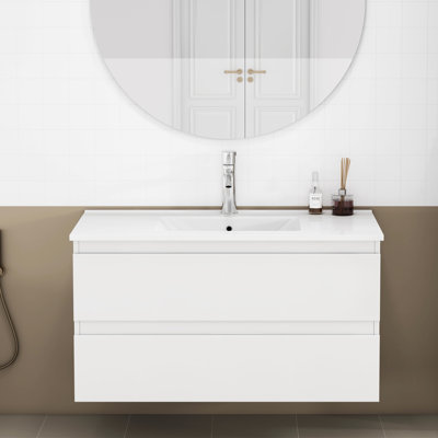 Lavabo de salle de bain 36 po, 2 grands tiroirs, fermeture silencieuse et silencieuse, poignée - blanc ultrabrillant, installation rapide pour la salle de bain familiale, lavabo, installation facile et grande luminosité, salle de bain