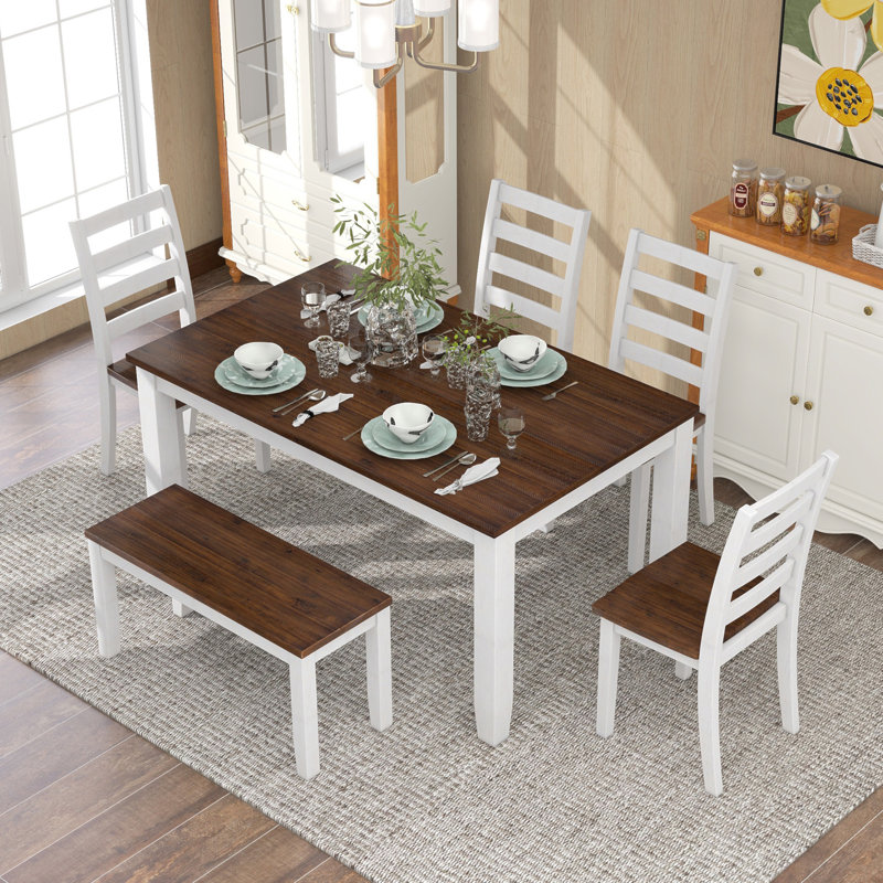 Rustic Walnut Rectangular Dining Table Set with 4 Chairs and Bench