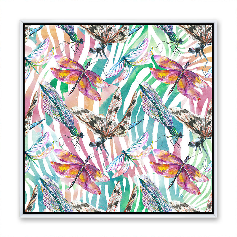 Libellule exotique sur fond tropical - reproduction d'art sur toile, Toile blanche encadrée, H 16 po x l 16 po x p 1 po