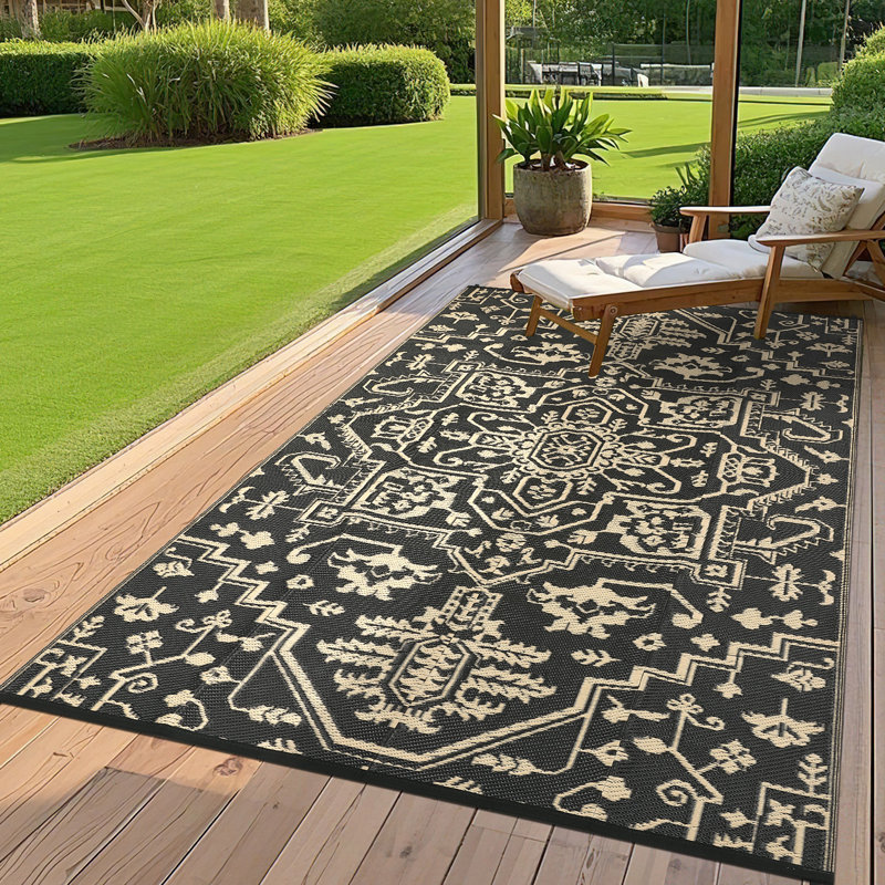 9 x 12 ft Black Brown Polyester Rectangular Area Rug Outdoor Floral Medallion Waterproof Reversible UV Resistant Easy Cleaning for Outdoor