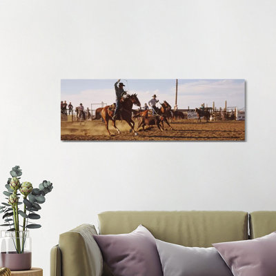 Cowboys Roping a Calf, North Dakota, USA 1 Piece Wrapped Canvas Panoramic Wall Art