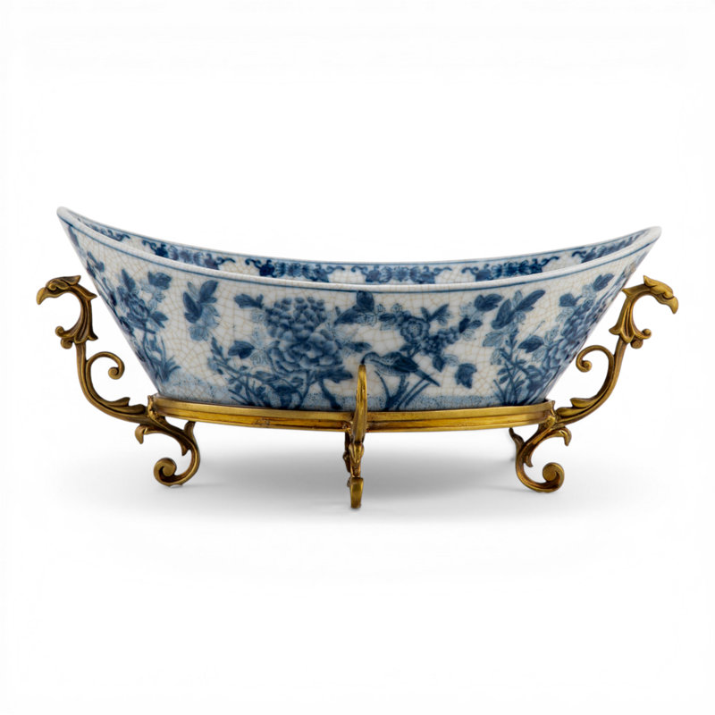 Blue White Floral Bird Oval Basin