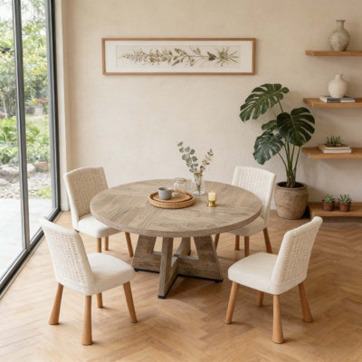 47-Inch Round Dining Table for 4-6 People, Wood with Sturdy Metal Base, for Family Meals and Gatherings