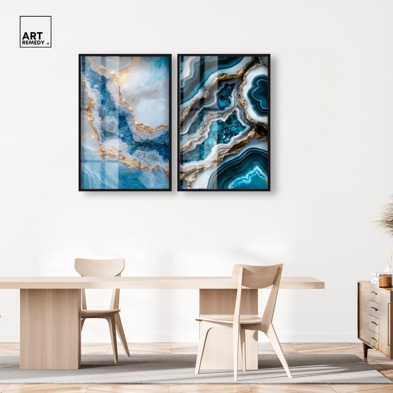 «Golden Geode Luxe Set Shadowbox», art mural bleu par Art Remedy, H 46 po x l 31 po, Noir