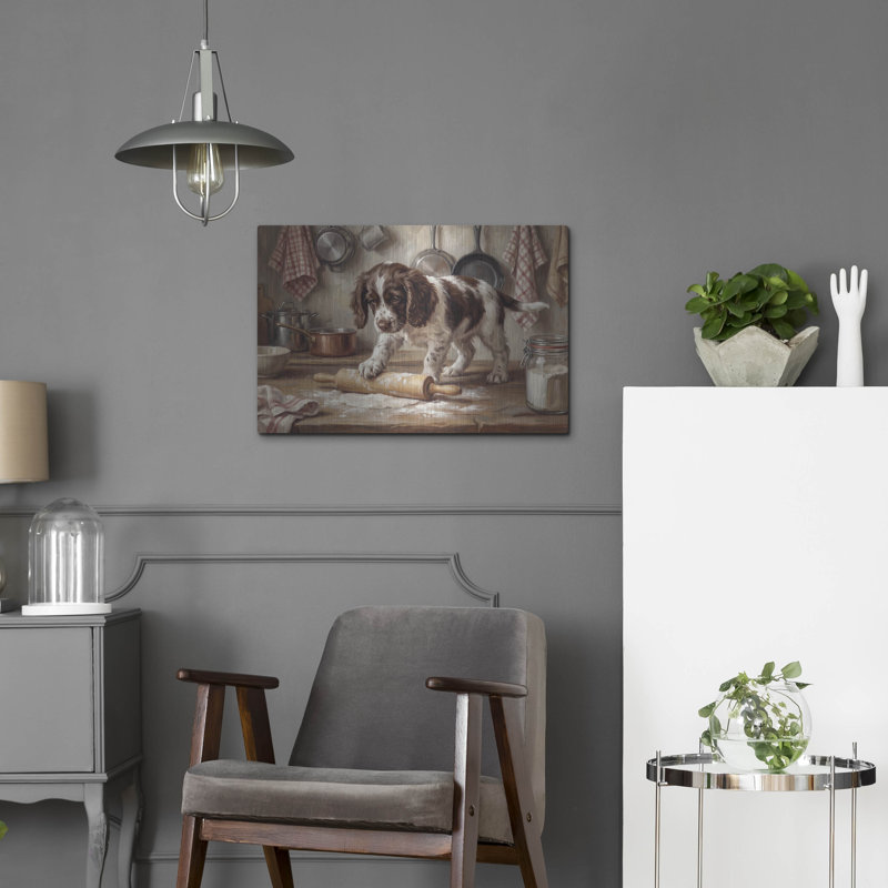  «English Springer Spaniel In The Kitchen» par Rich Monet, art mural en métal, 24 po x 16 po, H 16 po x l 24 po