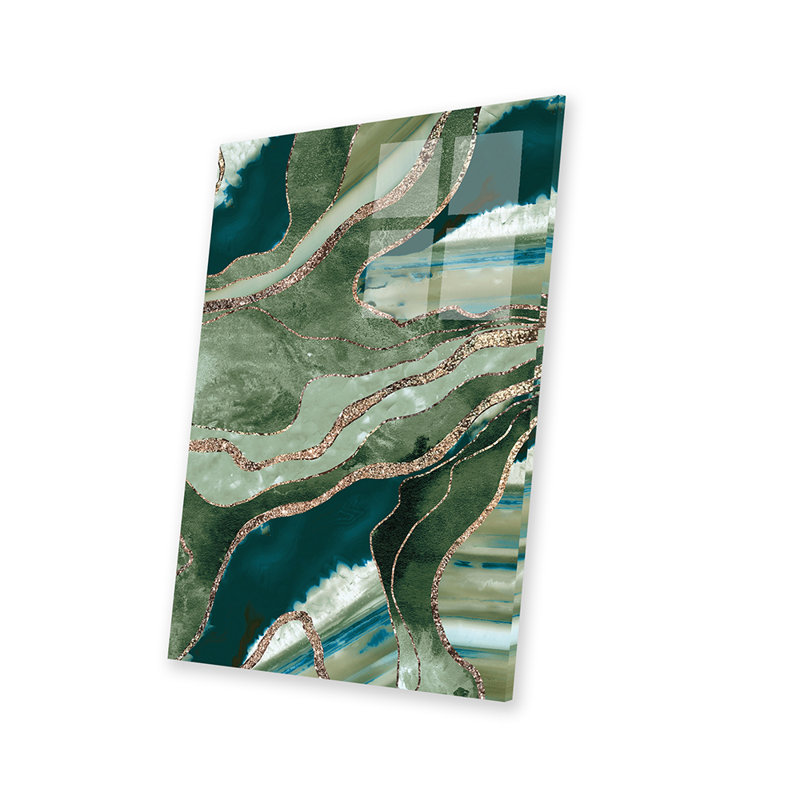 Olive verte, marbre, agate, paillettes dorées, impression sur verre acrylique, H 24 po x l 16 po x P 0,25 po