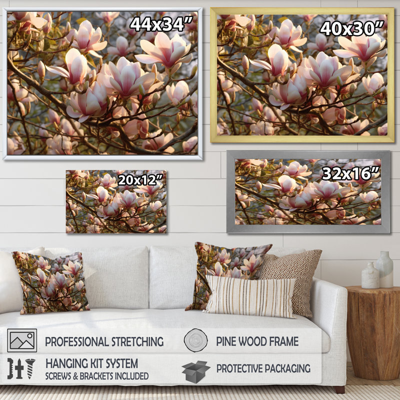 «White Pink Magnolias Landscape VI», reproduction sur toile, H 12 po x l 20 po x P 1 po, Cadre photo noir