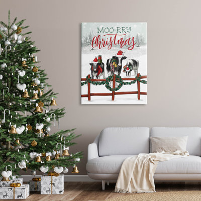 Art mural sur toile «Moo-Rry Christmas Holiday Snowy Cows» par Caverly Smith