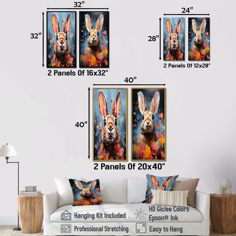 Pop Art Portrayal Of A Rabbit Hues - Rabbit Canvas Prints Set Of 2, 32" H x 33" W, Brown Floater Framed