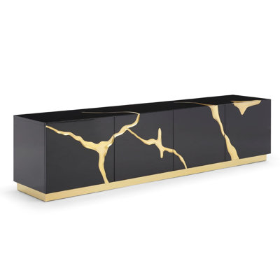 Cid Exie TV Stand Console, Modern Black With Gold Vein Design, 87 Inch