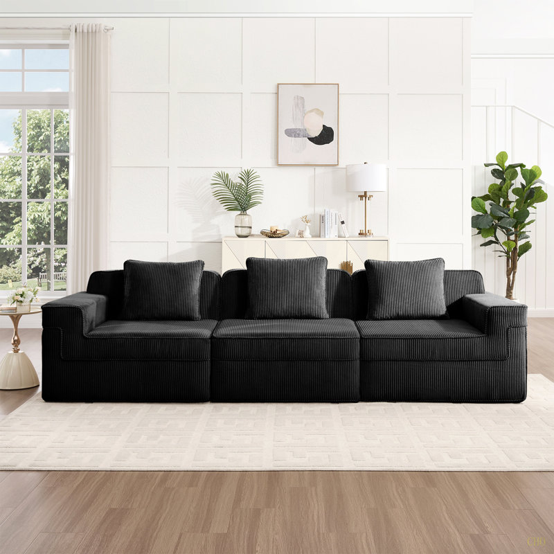 Canapé modulaire sans siège à 3 places, canapé modulaire Cloud avec assise profonde, canapé modulaire moderne à 3 places avec coussins décoratifs Tissu en velours côtelé