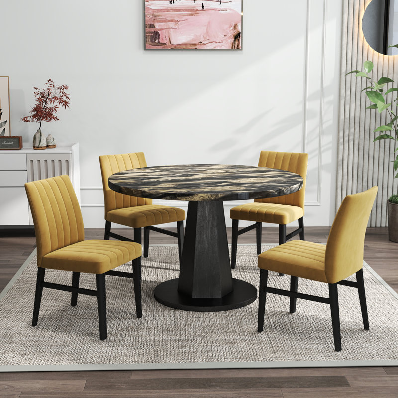  Ensemble de salle à manger moderne 5 pièces Cavira, jaune et doré avec quatre chaises Cavira, Noir, Jaune