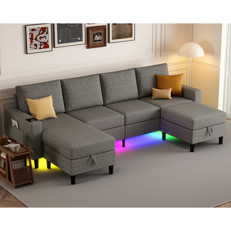 109" Sectional Couches For Living Room, 4 Seat Sectional Sofa With Rgb Light/wireless Charging/usb/type-c, Light Gray