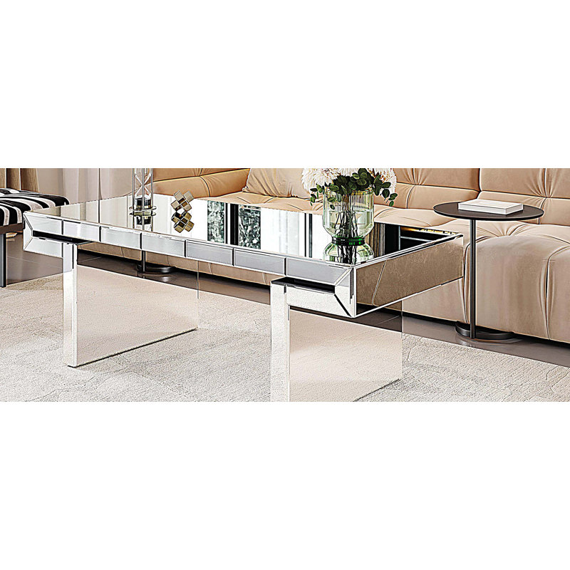 Table basse rectangulaire en miroir avec verre trempé cannelé