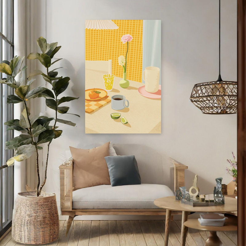 Lumineux, petit déjeuner, table, fleur contemporaine colorée, reproduction d'art murale, 48" H x 32" W
