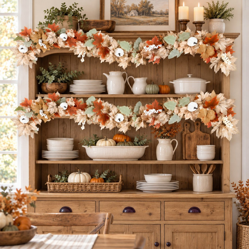 Guirlande d'automne neutre en 2 pièces de 1,8 m avec feuilles d'érable, citrouilles et pommes de pin