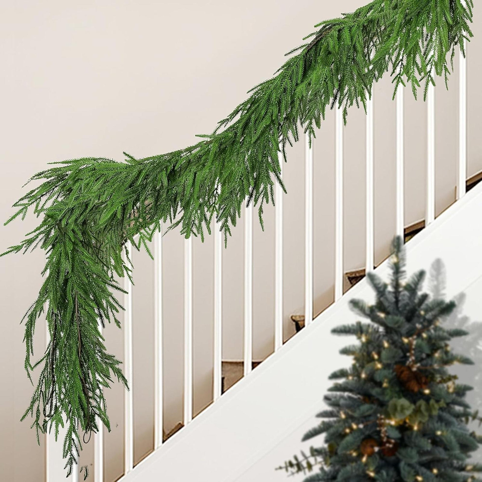4 Pcs Christmas Norfolk Pine Garland,  Dense Real Touch Pine Garland Ornament, Realistic Artificial Pines Greenery Garlands For Mantle, Table, Fireplace, Indoor, Outdoor Xmas Decoration