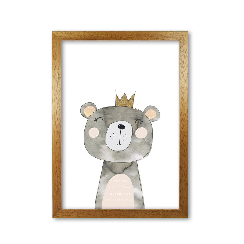 Scandi Grey Bear - Painting, 85 cm H x 60 cm W x 5 cm D, Honey Oak Frame