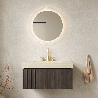 Meuble-lavabo de 91 cm avec lavabo, armoire flottante en contreplaqué, comptoir en pierre frittée, lavabo en céramique, 3 trous prépercés pour robinetterie, assemblé, revêtement mécanisé, comptoir de rangement, finition, grand