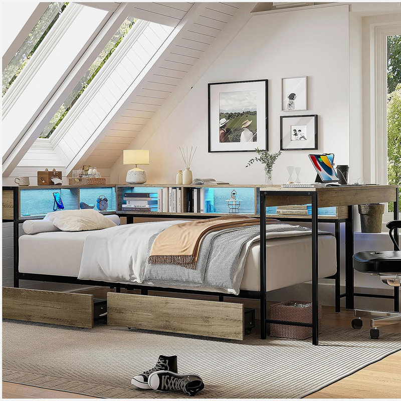 Corner Bed Frame Twin Size with Bookcase and 2 Underbed Storage Drawers, Modern Twin Bed with LED Light and Charging Station, Grey