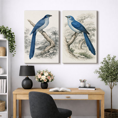 Oiseau bleu rétro, histoire naturelle, photos de faune botanique élégante, impression sur toile encadrée, 2 pièces