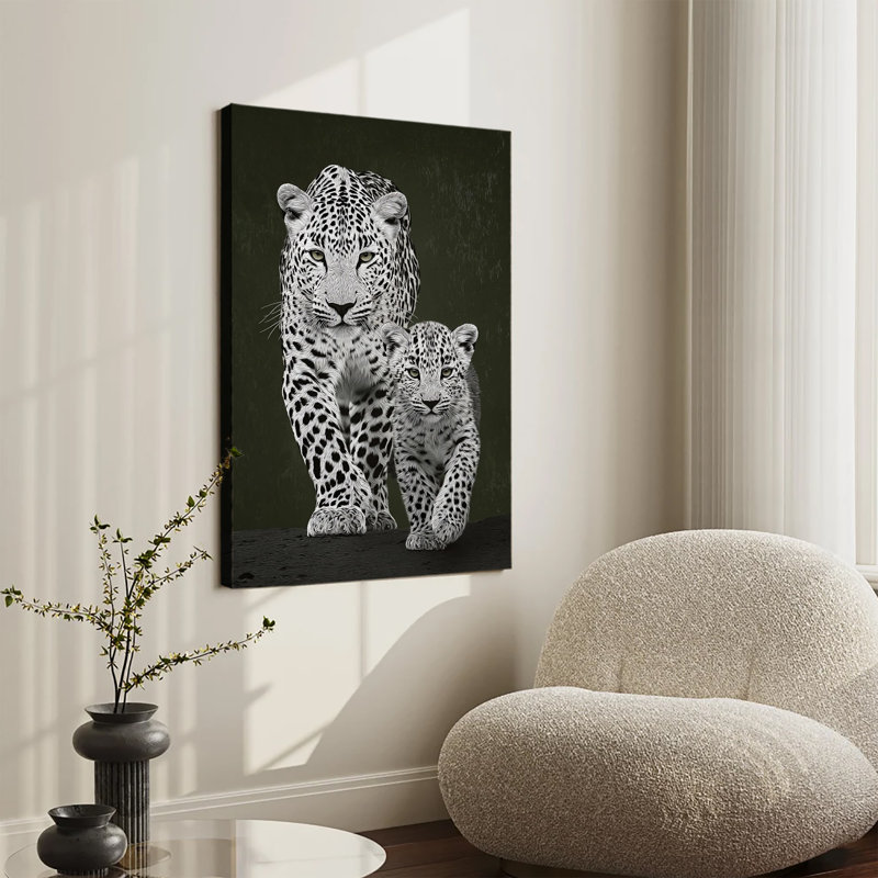 Tableau monochrome léopard mère et petit, grande toile tendue sur châssis, idéal pour le salon ou la chambre., 24 po x 36 po