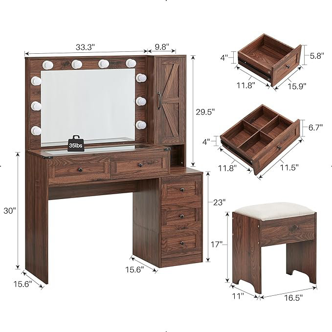 Narvis 43" Makeup Vanity Desk with LED Lighted Mirror & Power Outlet & 5 Drawers, Vanity Set with Stool, Brown