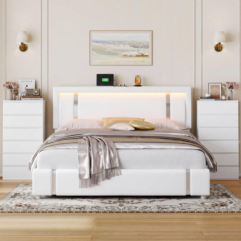 Ensemble de chambre à coucher avec rangement 3 pièces, lit de rangement rembourré en similicuir et deux commodes à 6 tiroirs