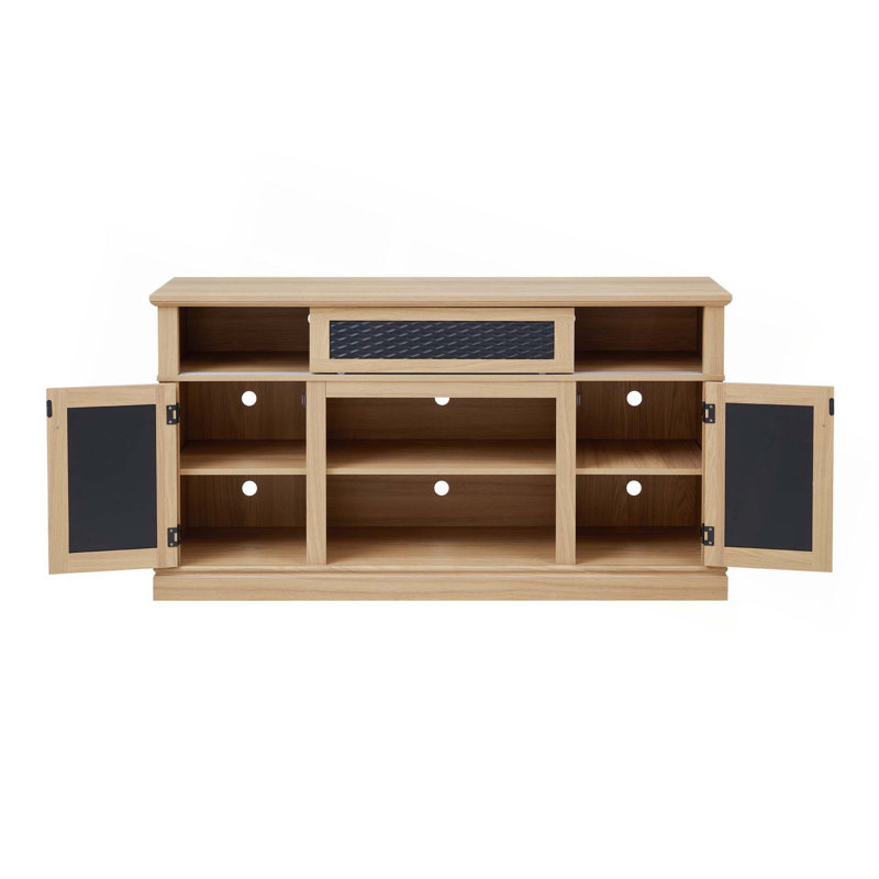 Meuble télé, console télé et média en relief avec espace de rangement ouvert et fermé et porte coulissante pour le salon et la chambre à coucher