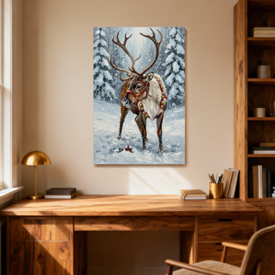 Animals Snowy Forest Reindeer With Red Harness