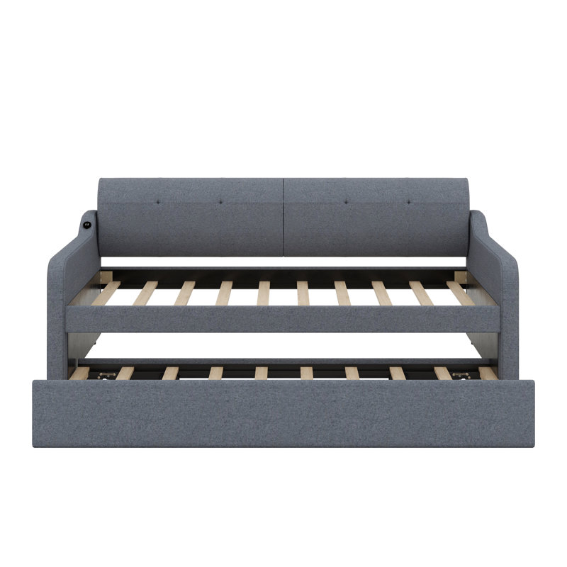 Twin Size Upholstered Elegant Daybed With USB Charging Design, Twin Size Sofa Bed, Wood Slat Support Daybed For Family, Teens, No Box Spring Needed