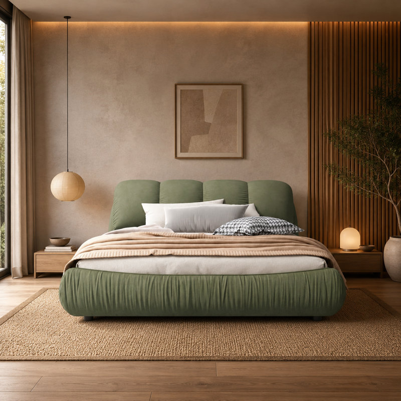 Lit plateforme tapissier moderne en polyester avec pieds en bois massif, Grand, Vert