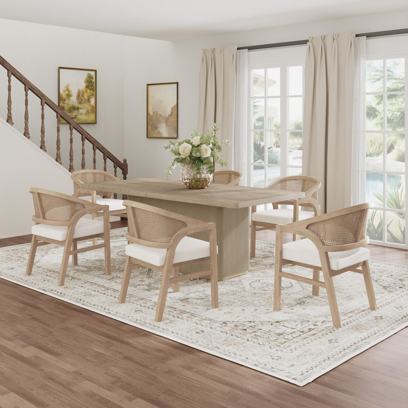 Eldora 7-Piece Mid-Century Modern Dining Set With Cane Back Chairs And Rectangular Pillar Base Table