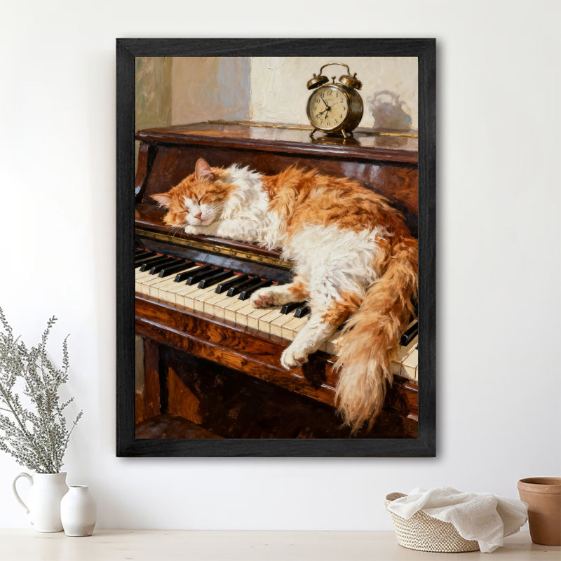 Art encadré noir, "Le chat orange qui dort sur le piano", reproduction d'art encadrée de style rétro, H 11 po x l 9 po