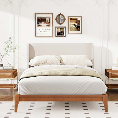 Solid Dry Bamboo Wood 12 Inch Platform Bed With 48-Inches Upholstered High Headboard, Easy Assembly