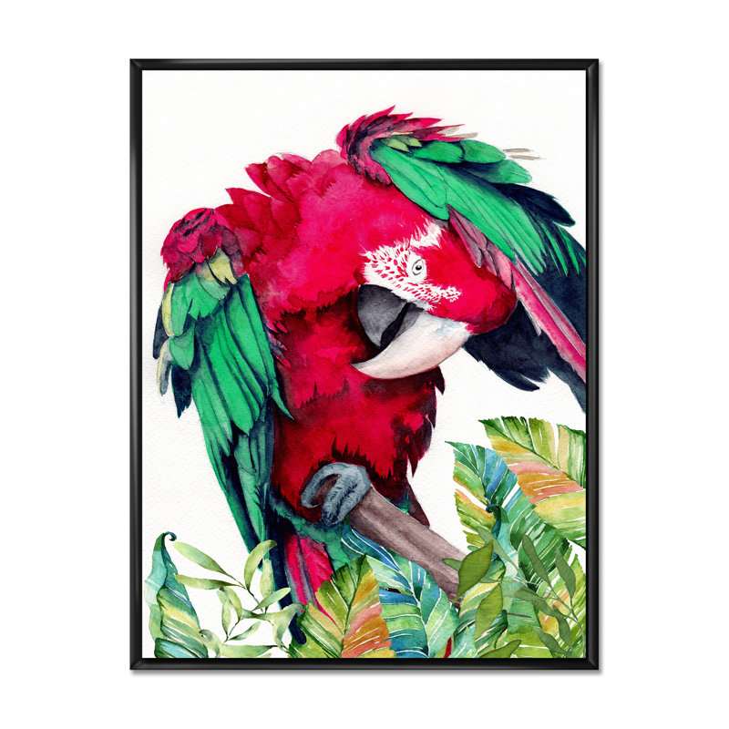 Perroquet rouge et vert - reproduction sur toile, H 32 po x l 24 po, Cadre flottant noir