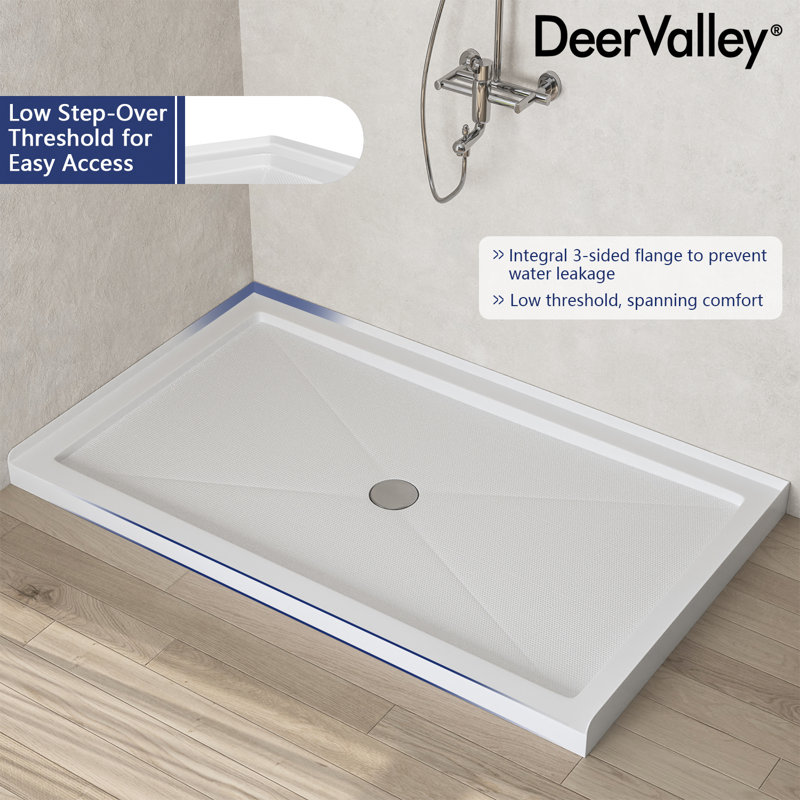 DeerValley 60" Shower Base in White with Single Threshold Shower Pan, Non-slip Design, 3.5" H x 60" W x 36" D