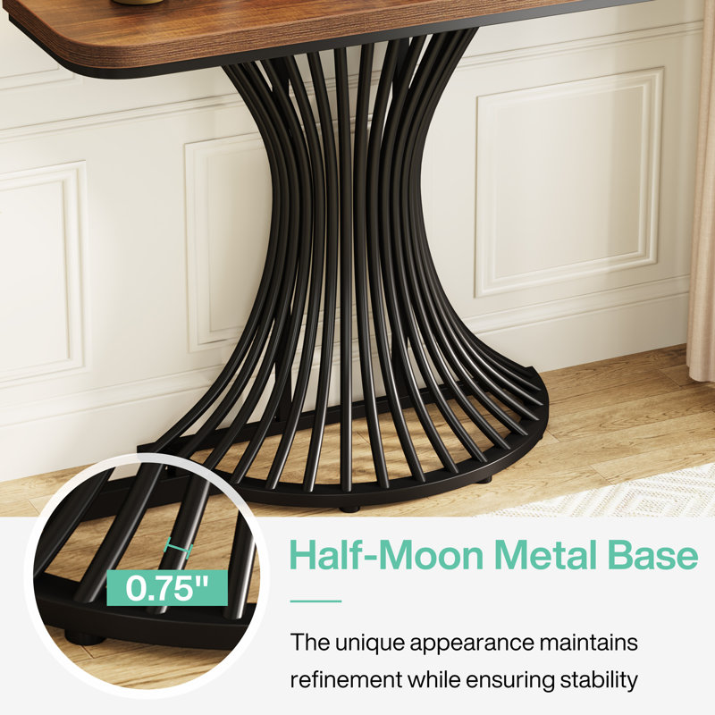 Rustic Brown Wood and Black Metal Demilune Console Table with Storage