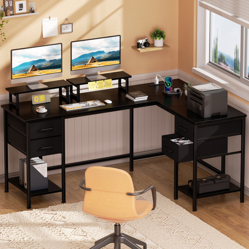 Bureau d'ordinateur en L 59,4 po avec prise de courant, H 29,1 po x l 59,4 po x P 39,4 po, Noir