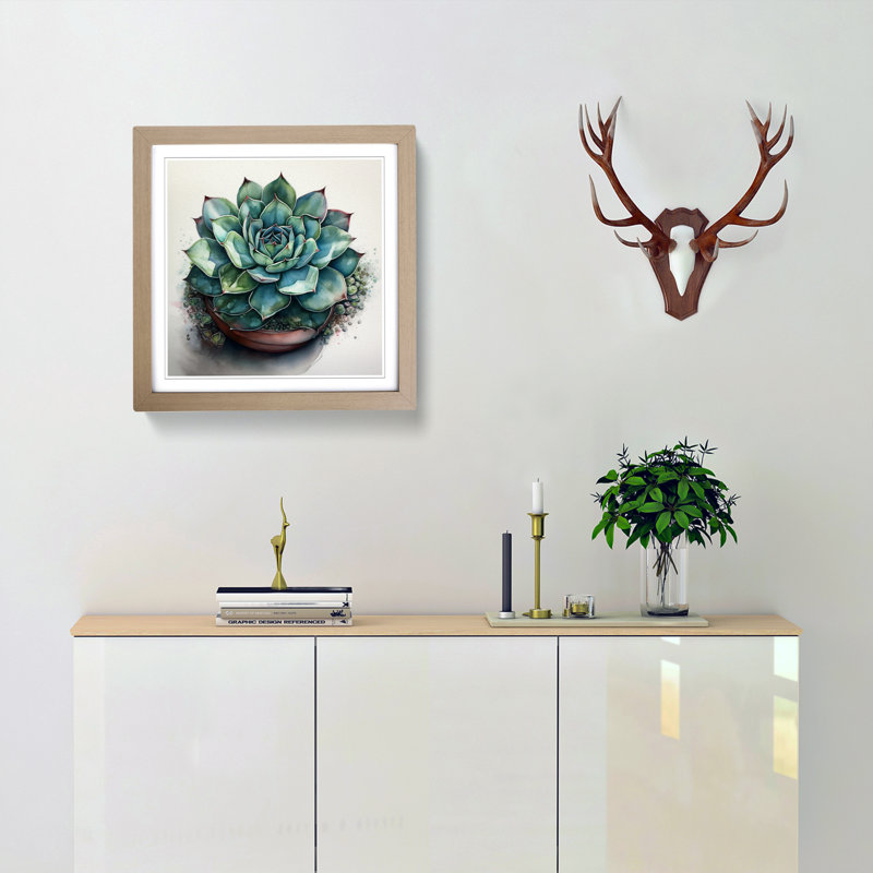 Succulent Watercolour - Framed Print, Oak
