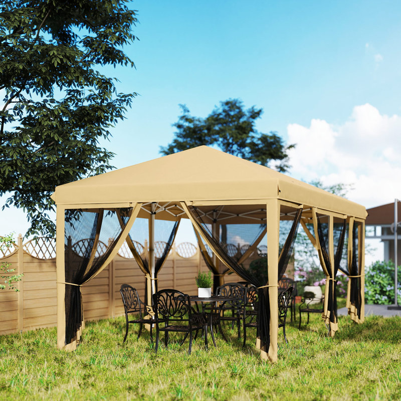 3 X 6m Pop Up Gazebo, 3-level Height Adjustable Outdoor Canopy Shelter With 6 Mesh Sidewalls, 210d Uv Protection Fabric, Steel Frame, Guy Ropes, Ground Stakes & Carry Bag, Wedding Party Event Tent, Beige