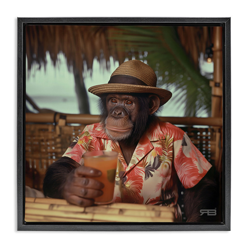 "Tropical Holiday Monkey", art mural encadré par Roozbeh Bahramali, Cadre flottant noir de jais, H 18 po x l 18 po